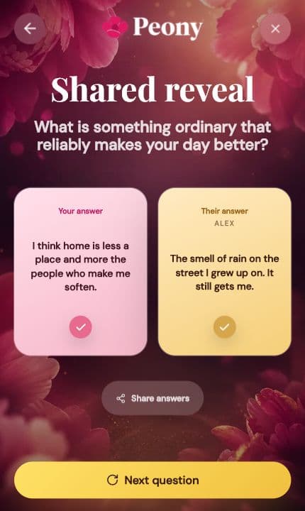 Peony shared reveal — both answers, side by side